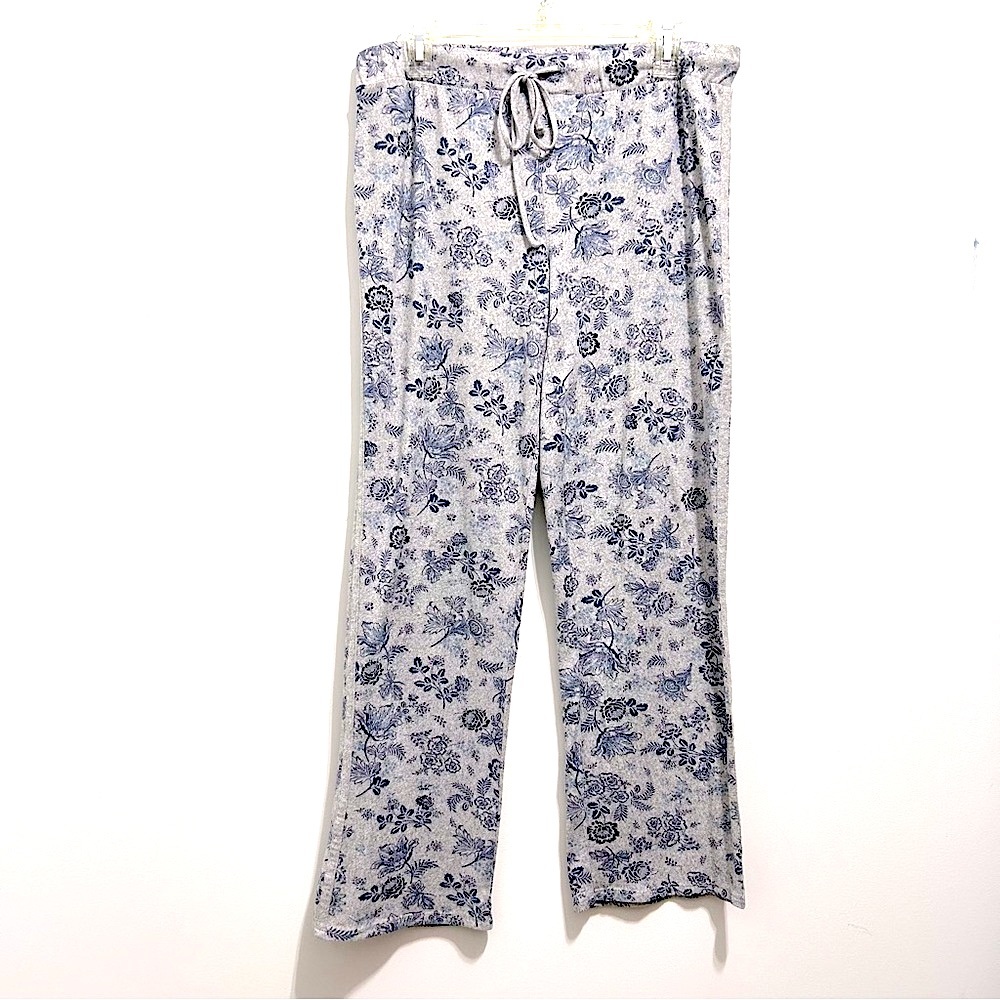 Lucky Brand Women’s Straight Leg Lounge Pajama Pants Gray Blue Floral Elastic